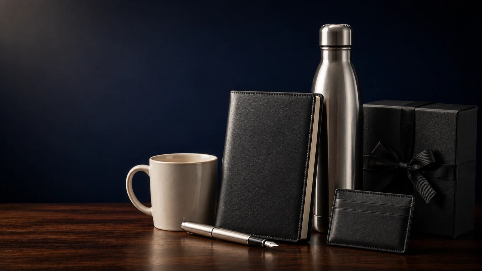 Premium branded merchandise including a notebook, bottle, mug, card holder, pen and gift box