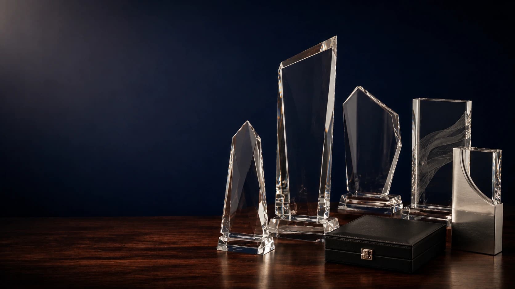 Clear crystal corporate awards and presentation case displayed on a polished wooden surface