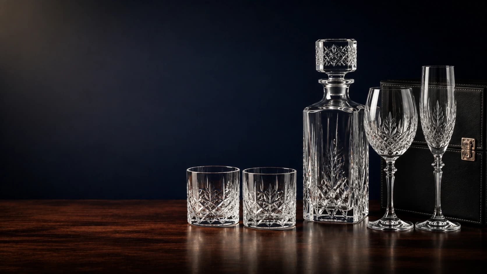 Cut crystal decanter, tumblers and champagne flutes displayed with a presentation case