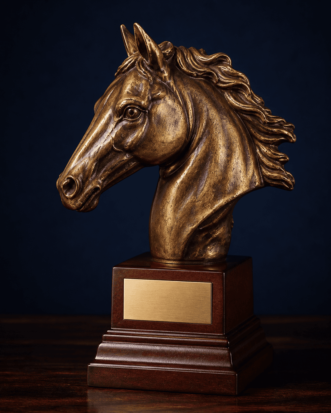 Bronze horse-head award on a mahogany plinth with an engraving plate