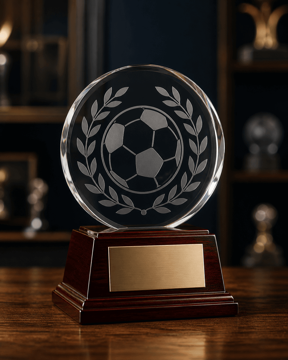 Circular glass football and laurel award on a mahogany plinth with an engraving plate