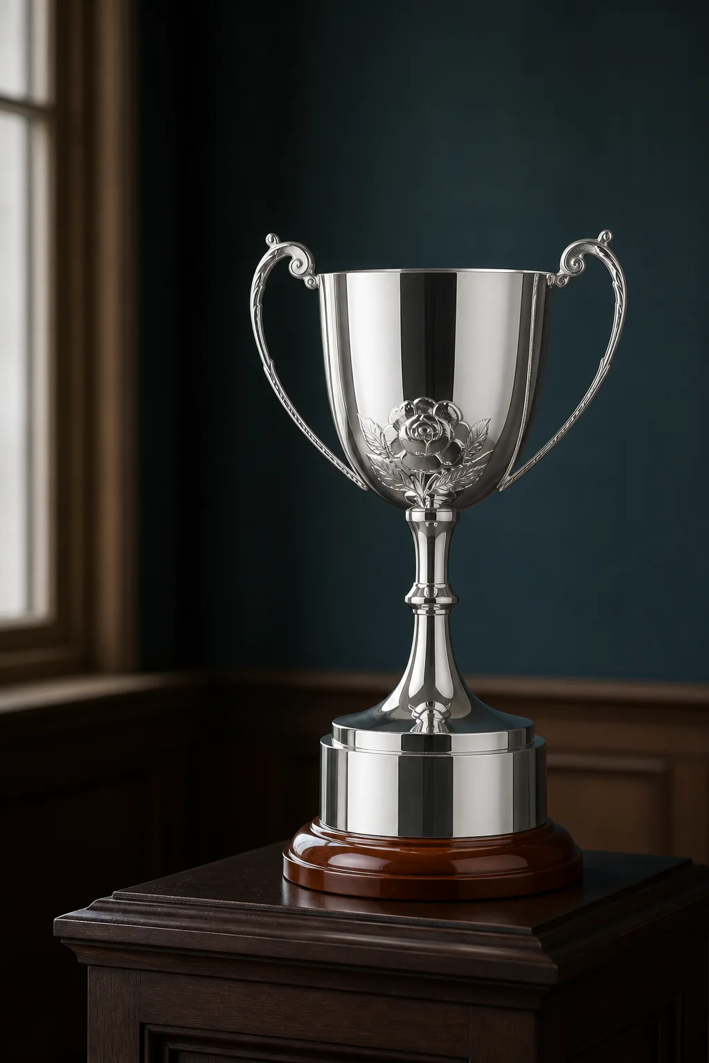Rose-embossed silver cup on a walnut plinth