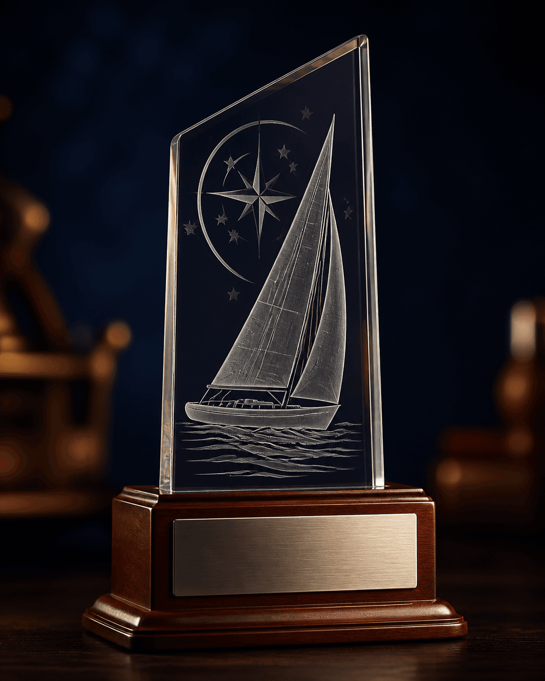 Tall glass sailing award on a mahogany plinth with an engraving plate