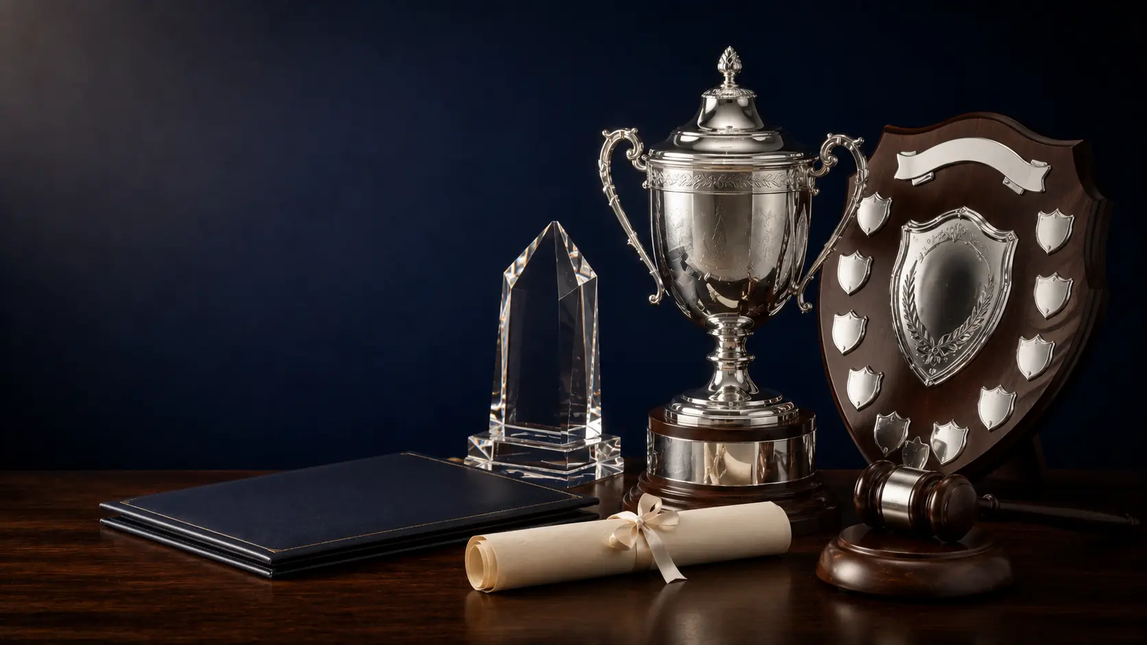 Trophy, shield, crystal award, folder and certificate for school and university presentations