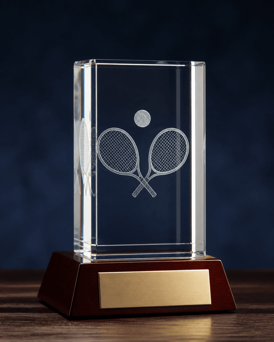 Clear crystal tennis award with crossed racquets on a mahogany plinth