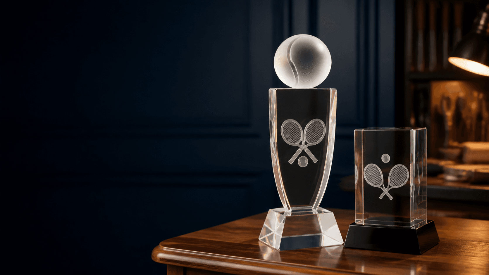 Crystal tennis trophies displayed on a walnut table in a heritage workshop