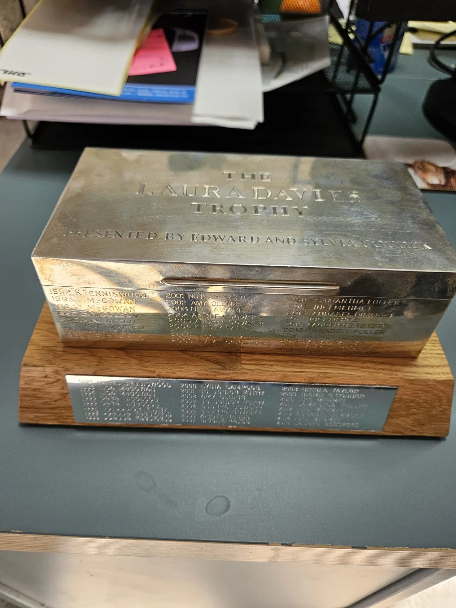 Lauradays Trophy perpetual award with engraved winner records