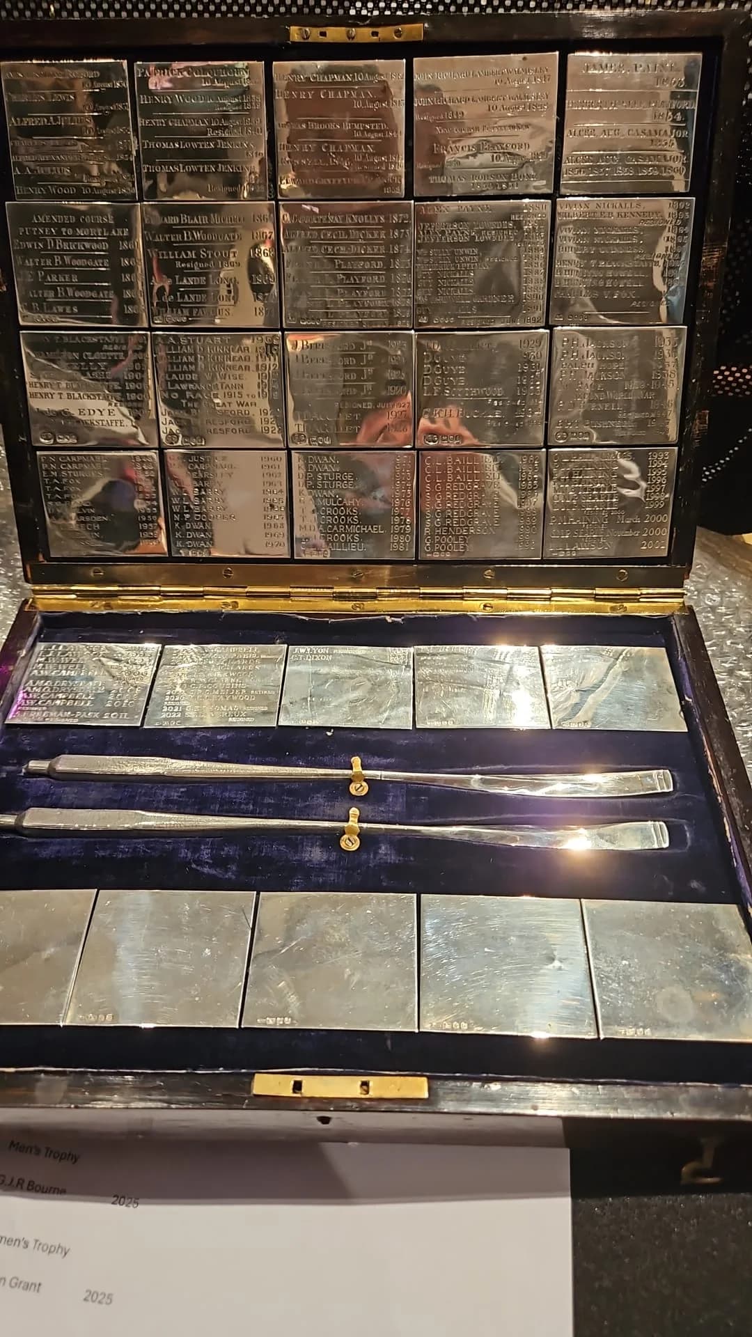 Historic presentation case with engraved silver name plates and ceremonial knives