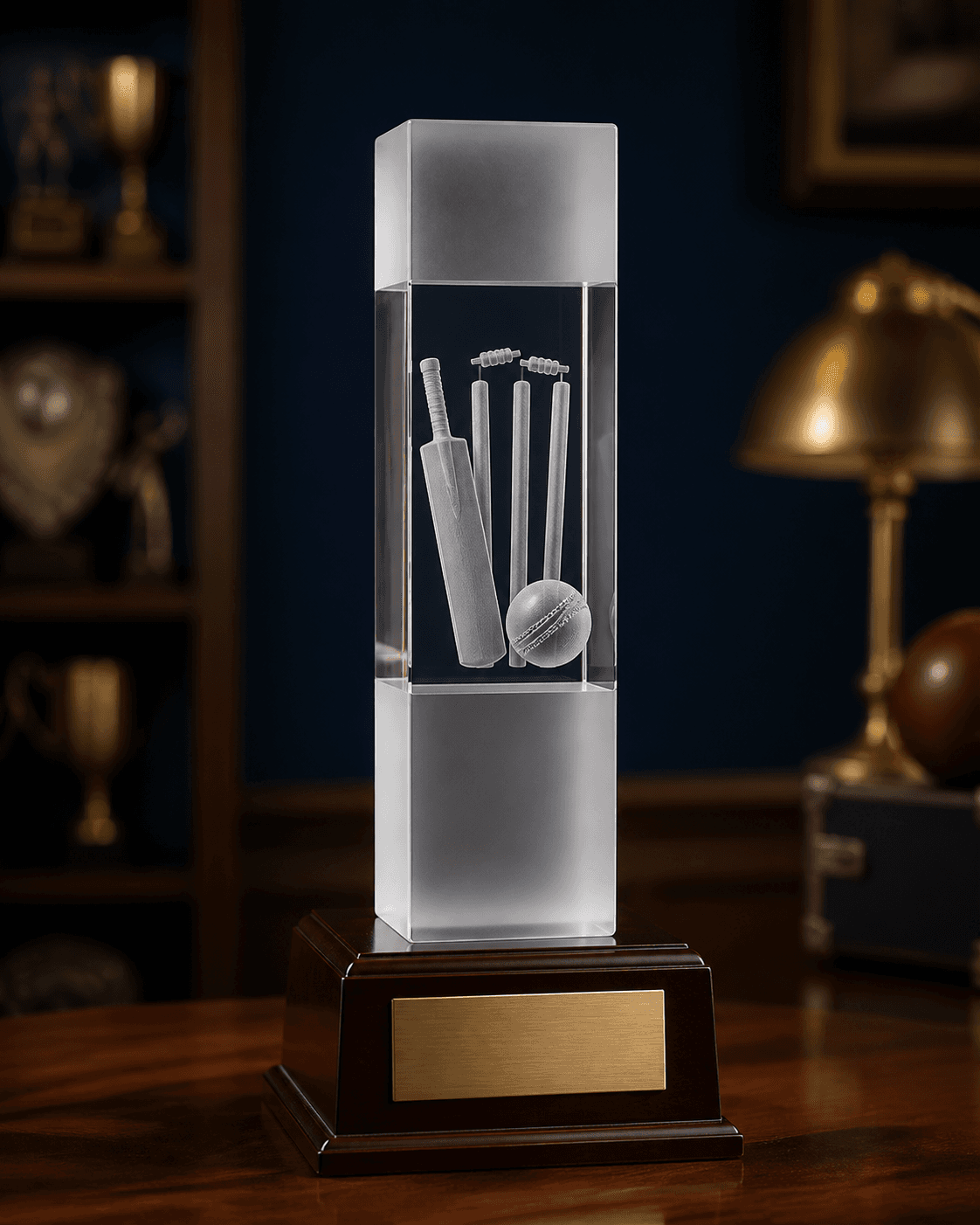 Clear crystal cricket award on a mahogany plinth with a blank engraving plate