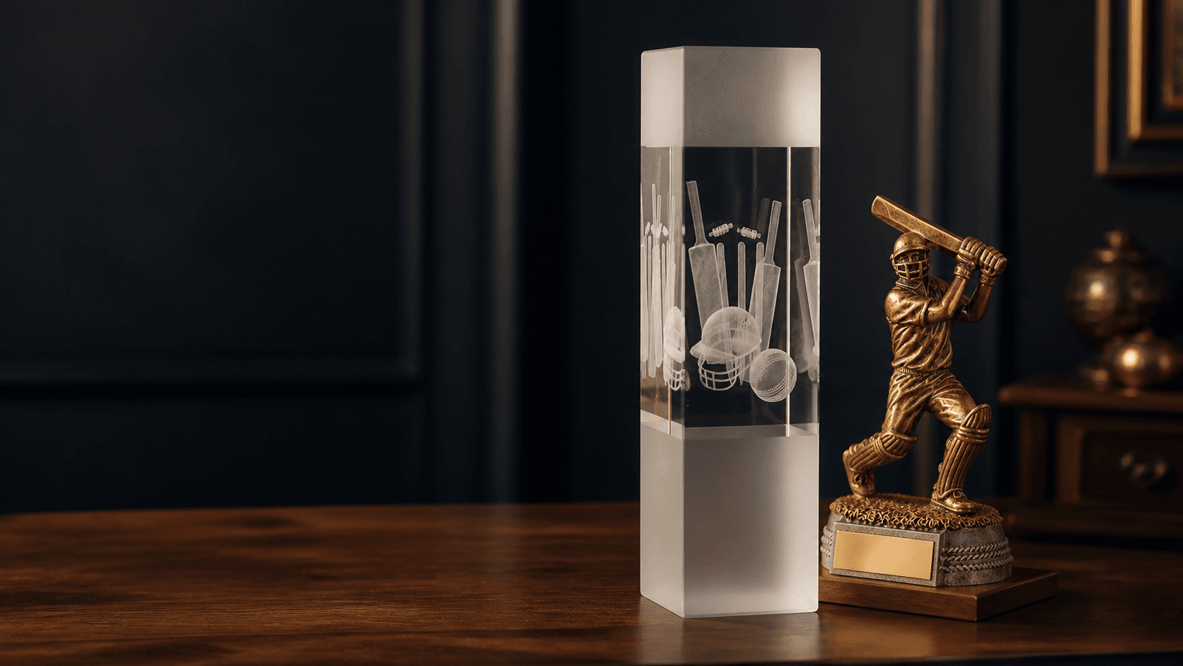 Clear crystal cricket award and bronze cricketer trophy displayed in a heritage workshop