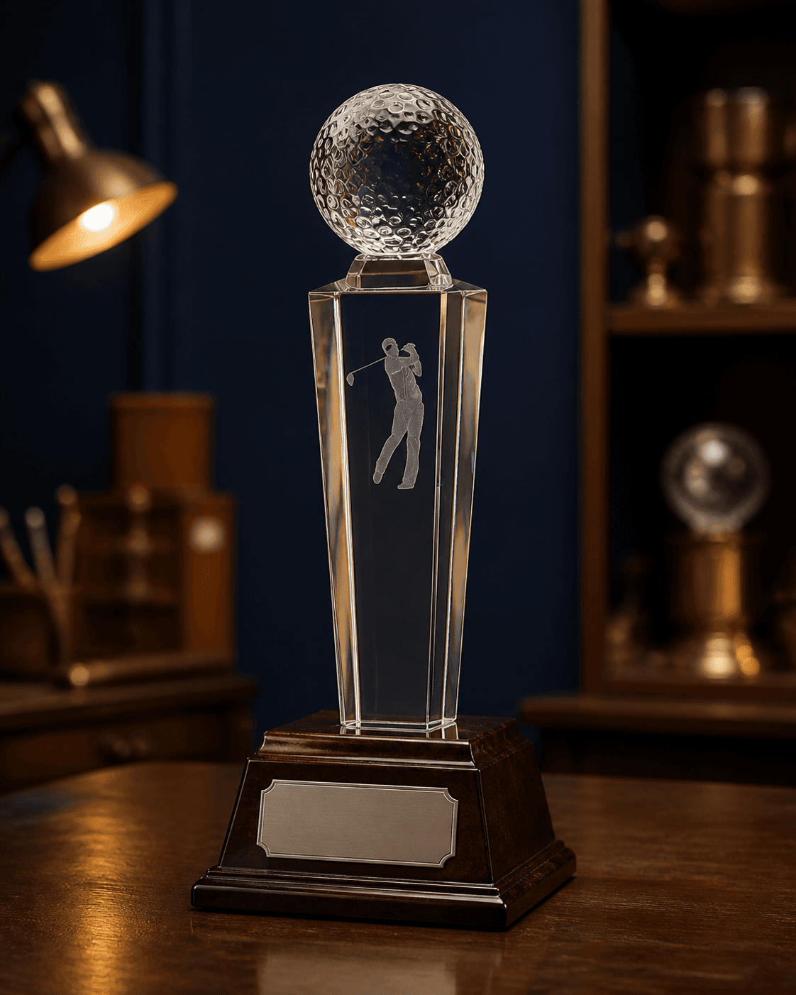 Tall crystal golf award on a mahogany plinth with an engraving plate