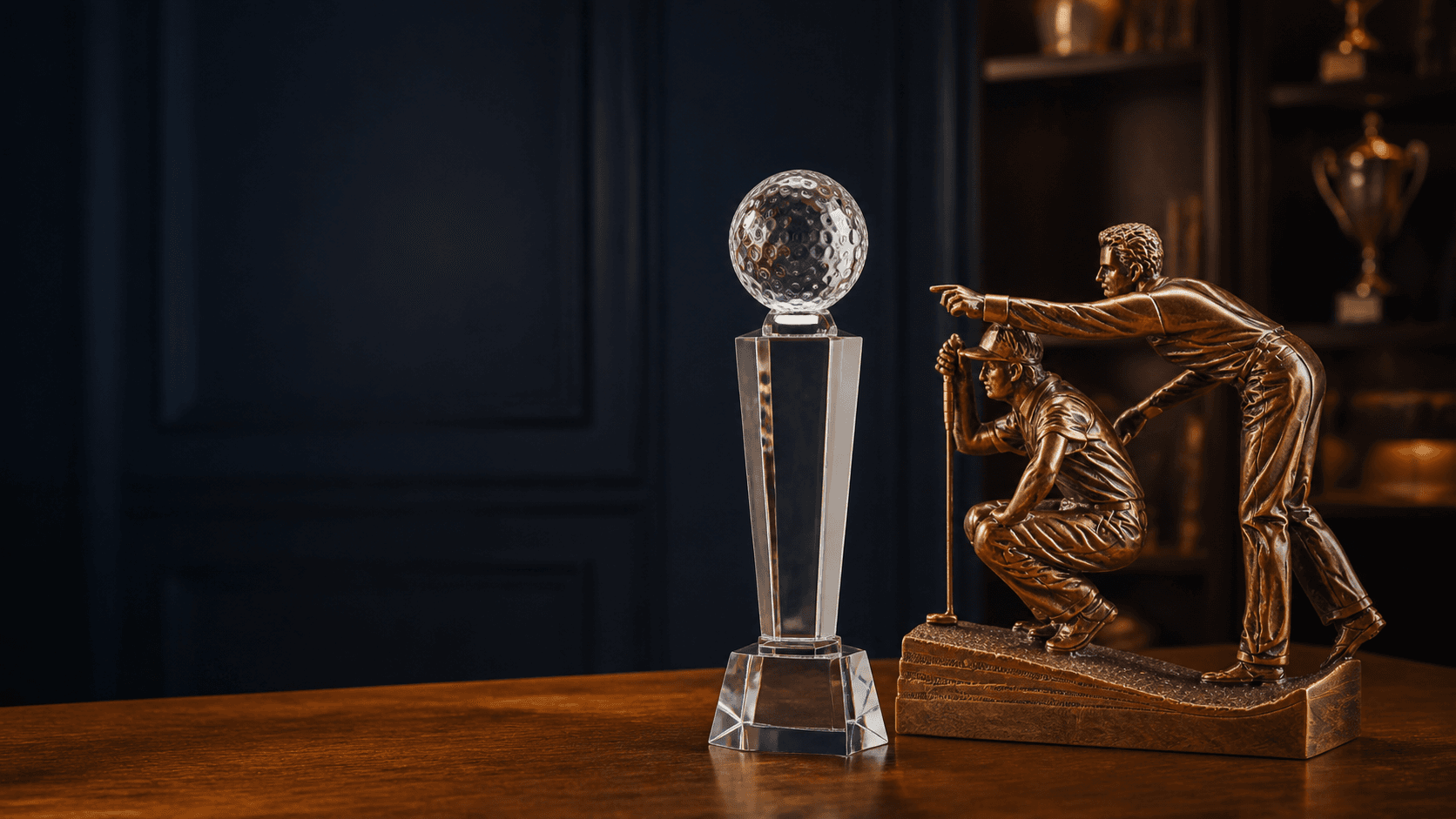 Crystal golf trophy and bronze golfer presentation award displayed in a heritage workshop