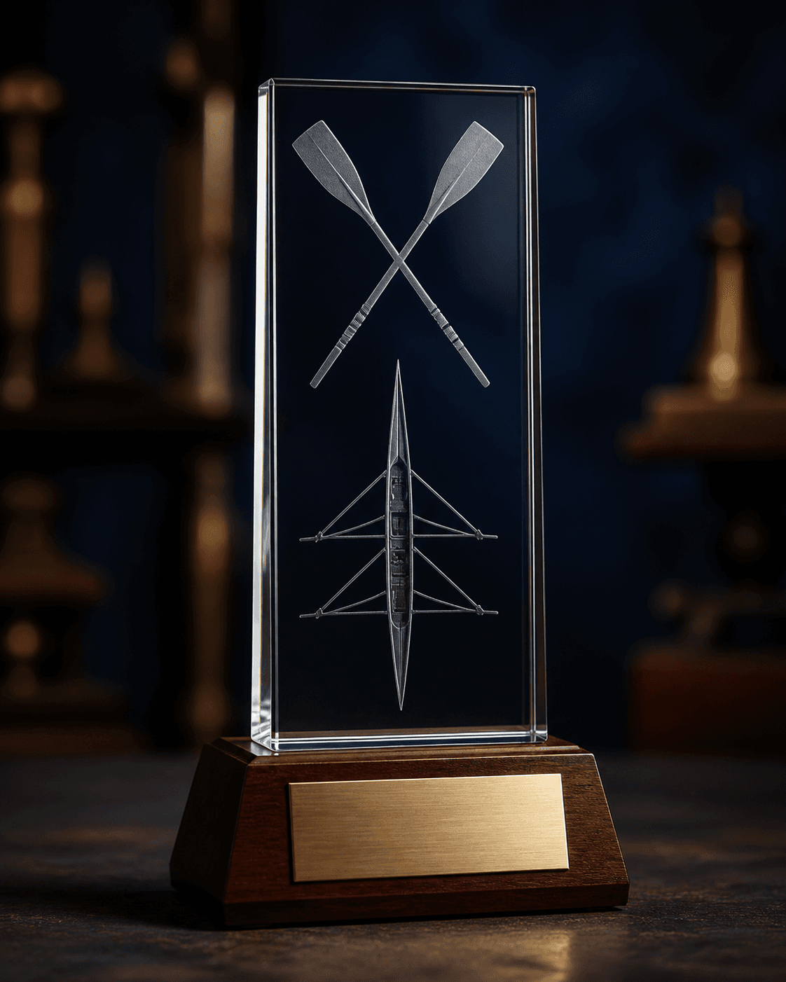 Tall glass rowing award on a mahogany plinth with an engraving plate