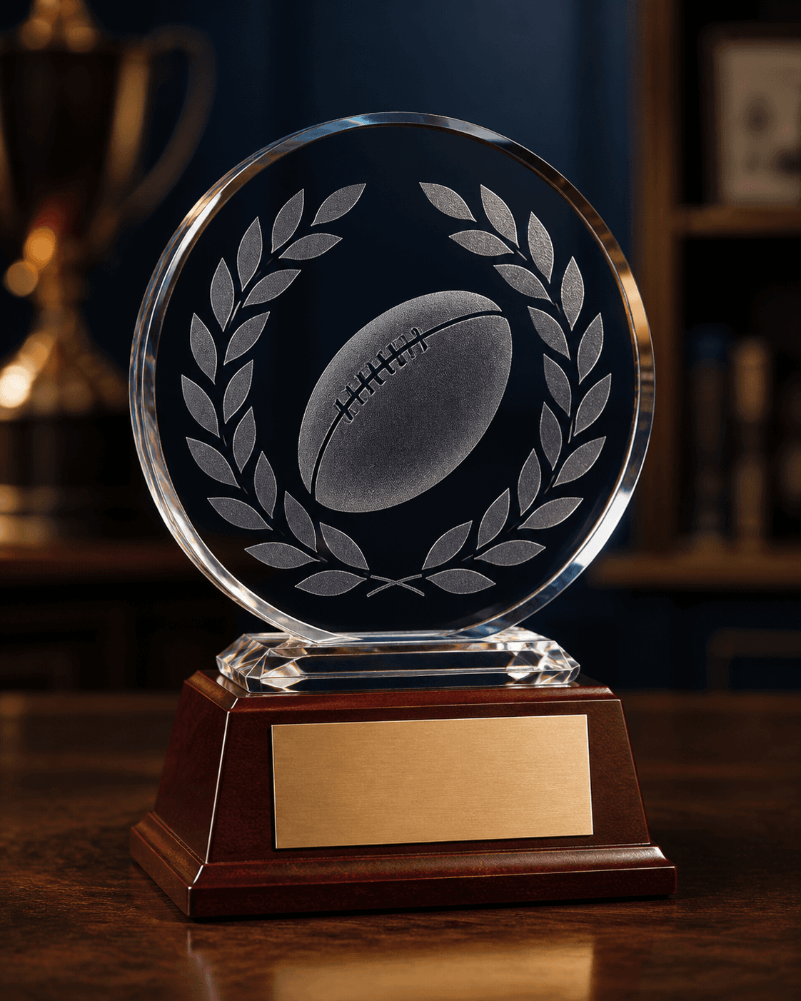 Circular glass rugby and laurel award on a mahogany plinth with an engraving plate