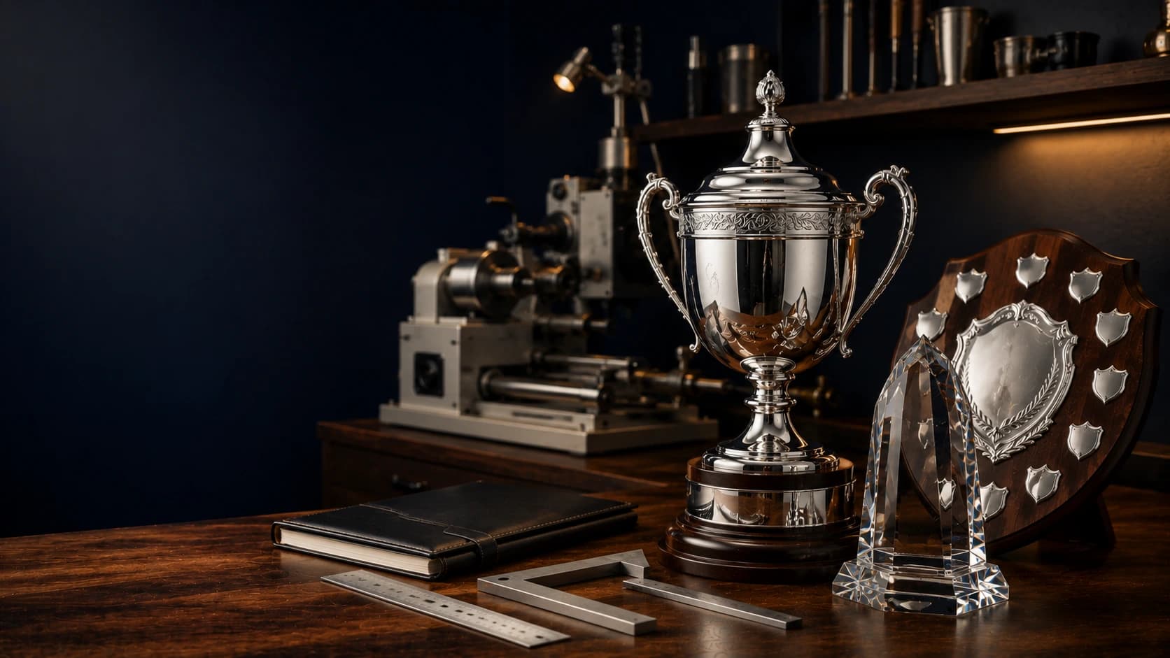 Trophy and crystal award displayed in a heritage workshop setting